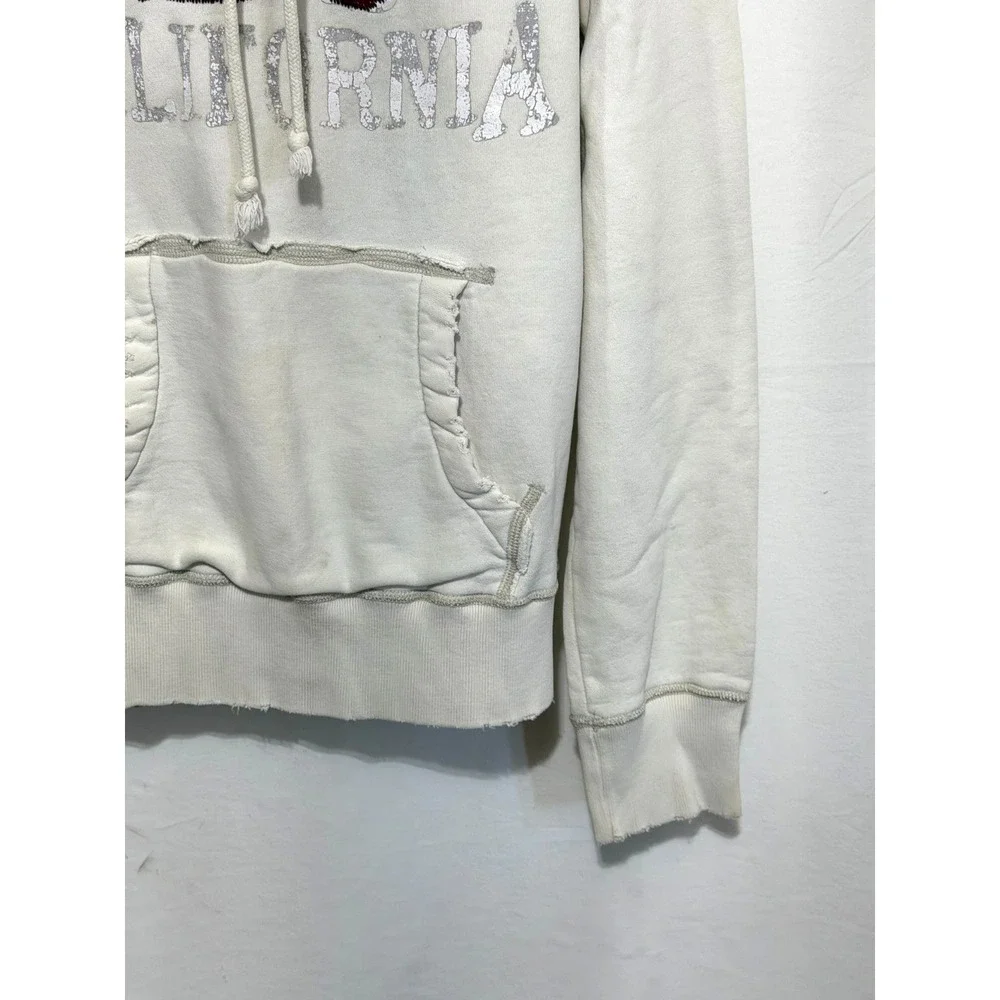 Y2K Hollister Men's Small Vintage Distressed Off White Heavy Weight Logo Hoodie
